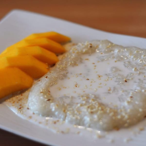 Mango sticky rice dessert from Thai Time, with coconut milk and sesame seeds on a white plate.