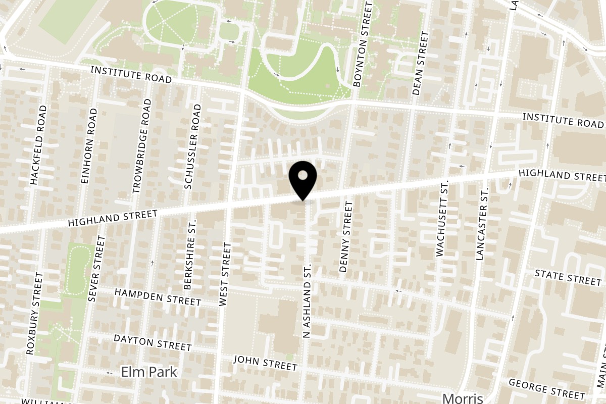 Map showing the location of Thai Time on 107 Highland St in Worcester